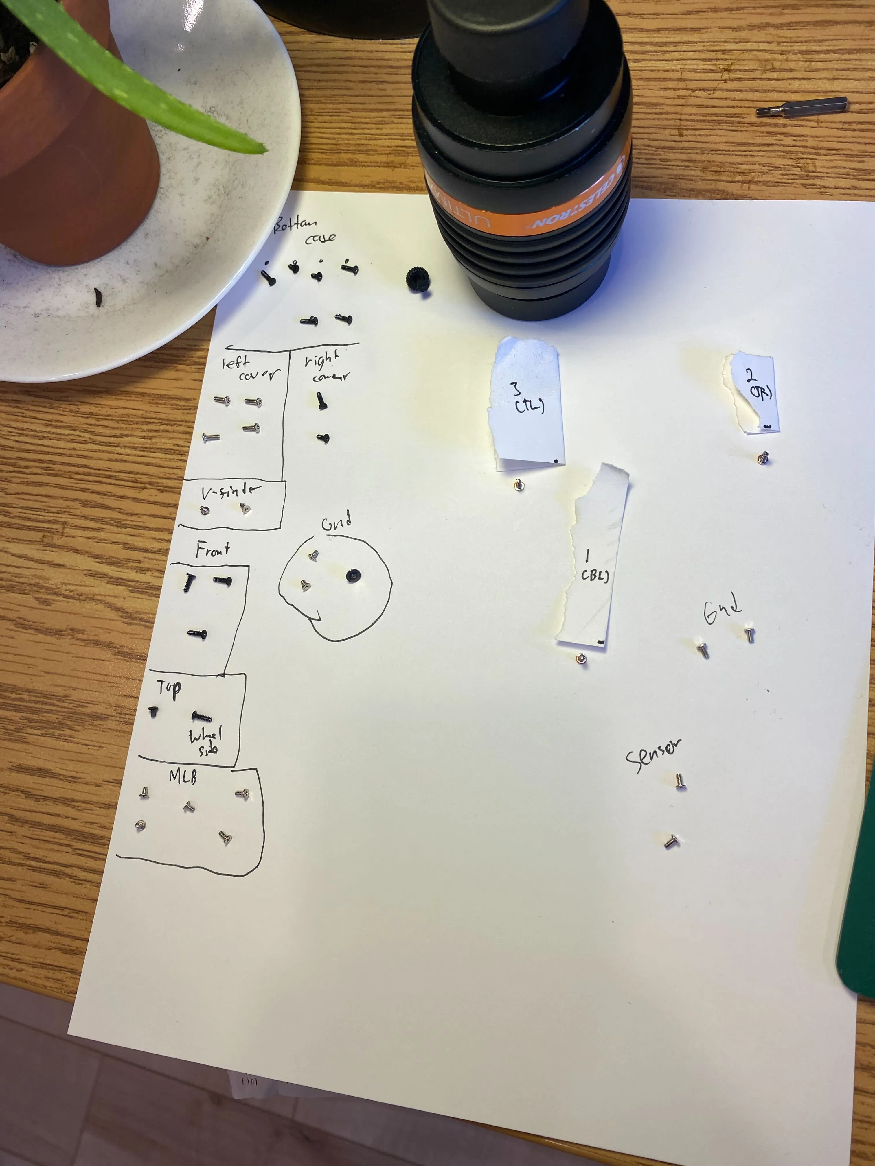 All of the screws removed from the camera for the sensor modification process