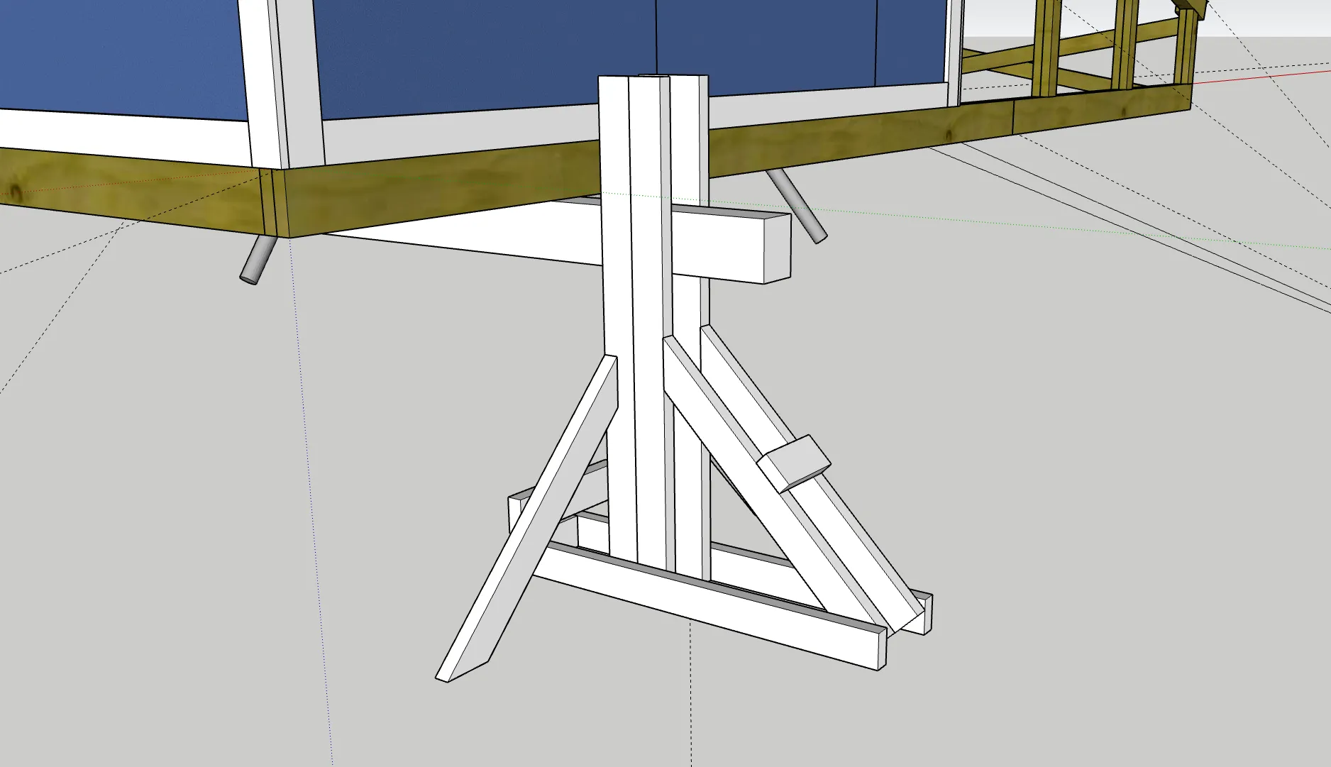CAD design showing the beam and its support jig. The beam moves up and down inside the jig to lift the structure using bottle jacks.