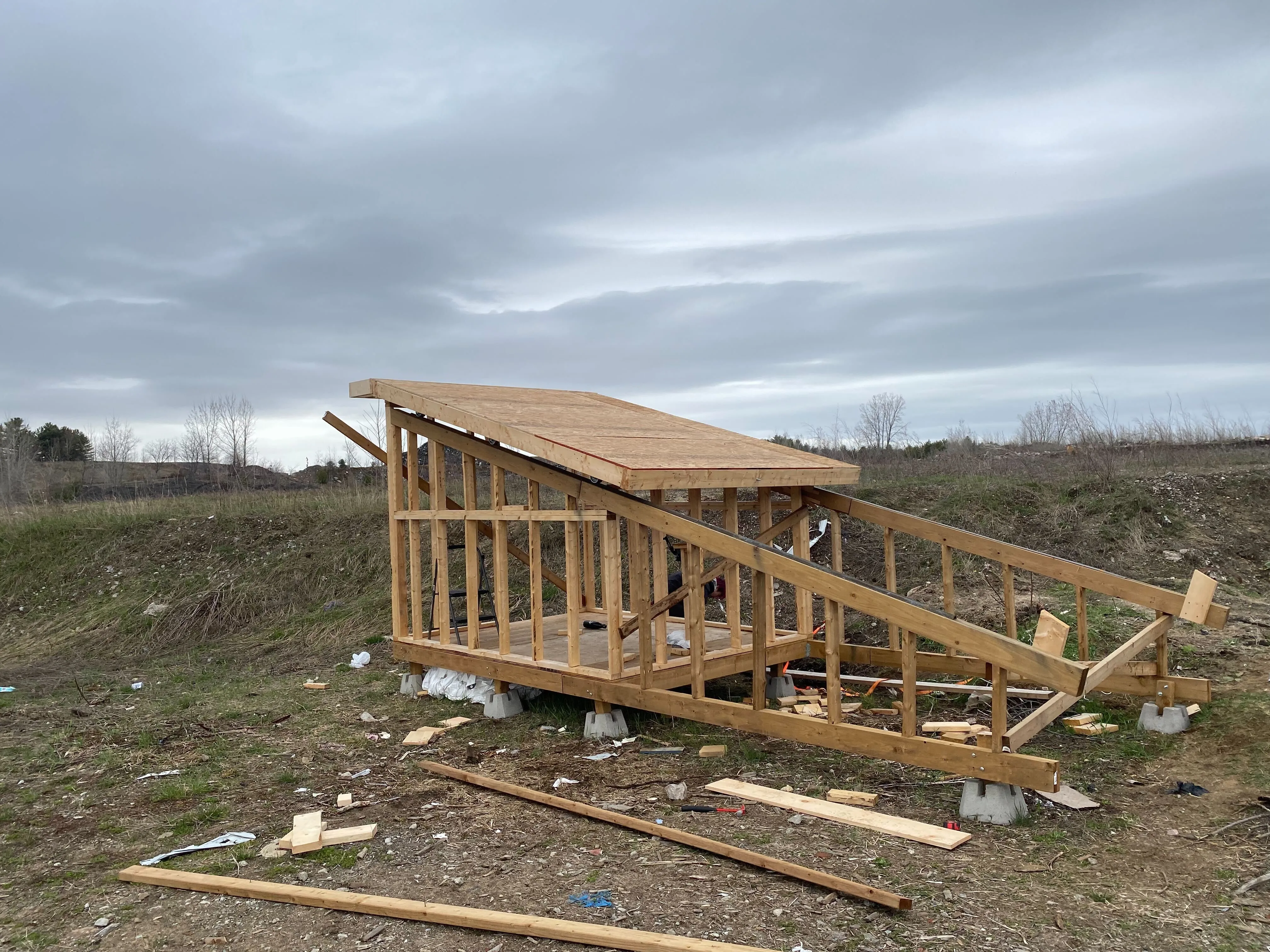 The remaining roof joists were added, as well as plywood to create the roof backing